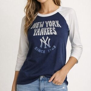 47 New York Yankees Shirt 3/4 Sleeve Baseball Top Blue White Size Medium NWT